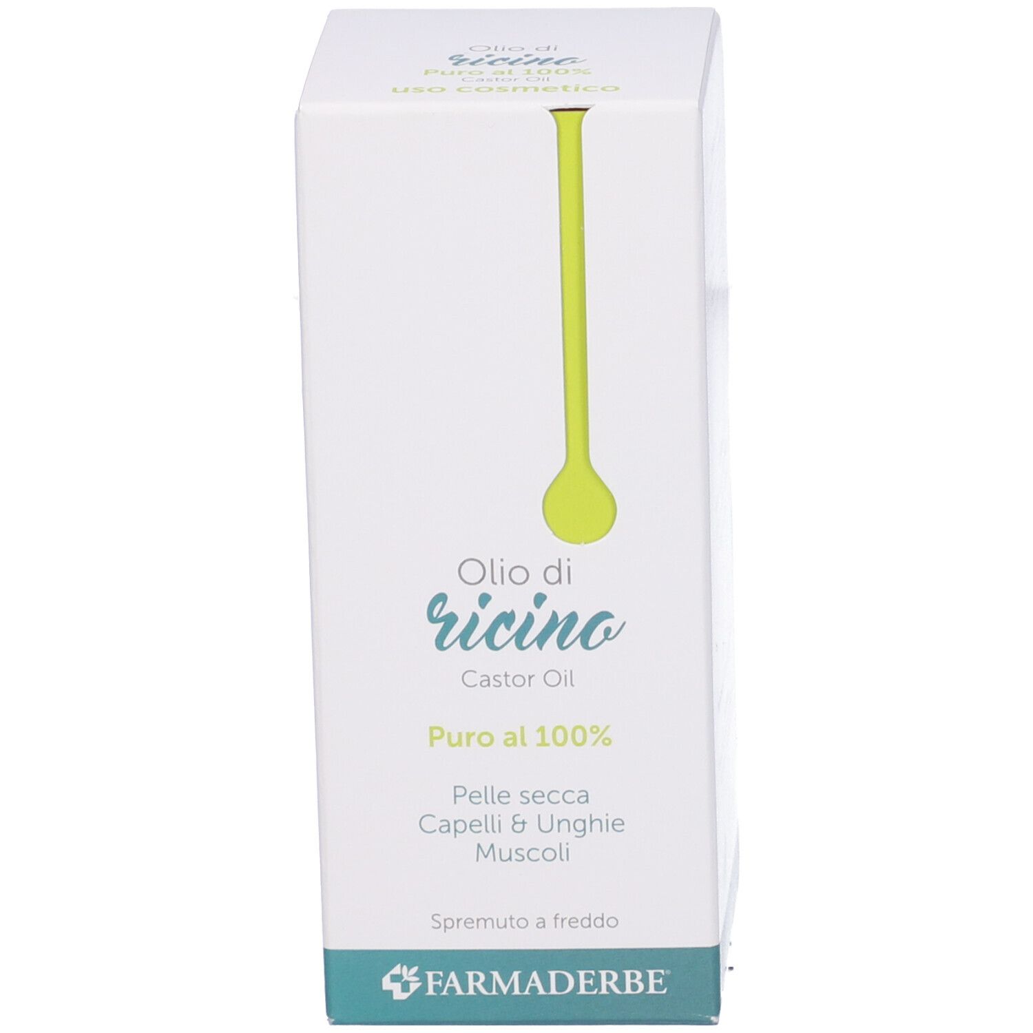 Boîte blanche avec accents verts. Texte: Olio di ricino, 100% pur, pour peau sèche, cheveux, ongles, muscles. Marque: Farmaderbe.