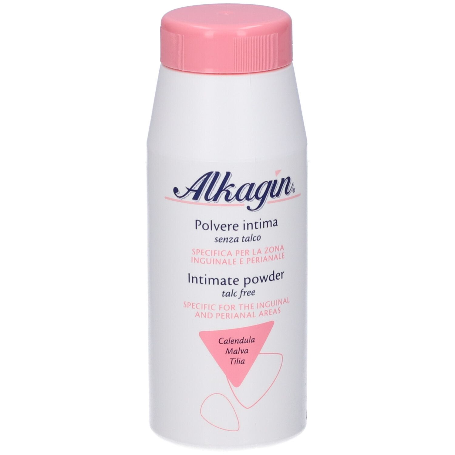 Flacon blanc avec bouchon rose. Inscription: Alkagin, Polvere intima, sans talc, Intimate powder. Triangle avec ingrédients.