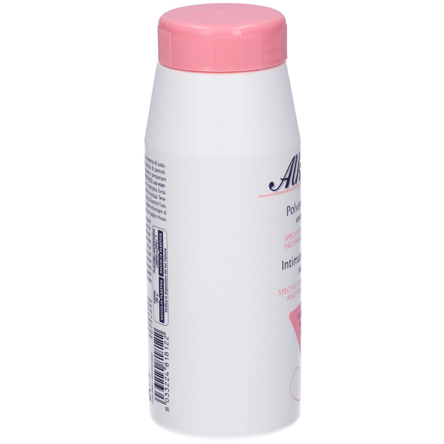 Flacon blanc avec bouchon rose. Texte et code-barres sur le côté. Nom du produit: Alkagin Polvere Intima.