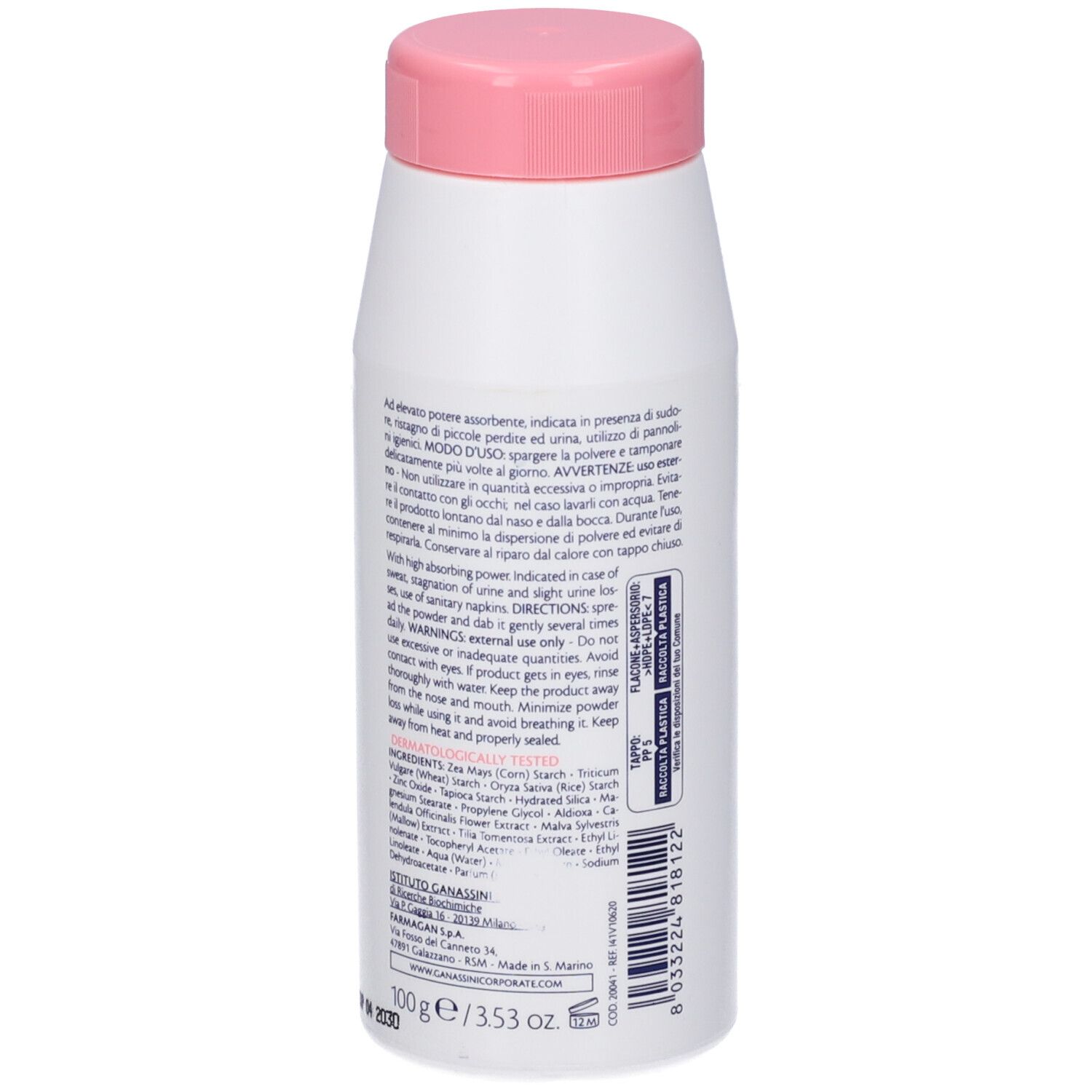 Flacon blanc avec bouchon rose. Dos avec texte, ingrédients et code-barres. Nom du produit: Alkagin Polvere Intima.