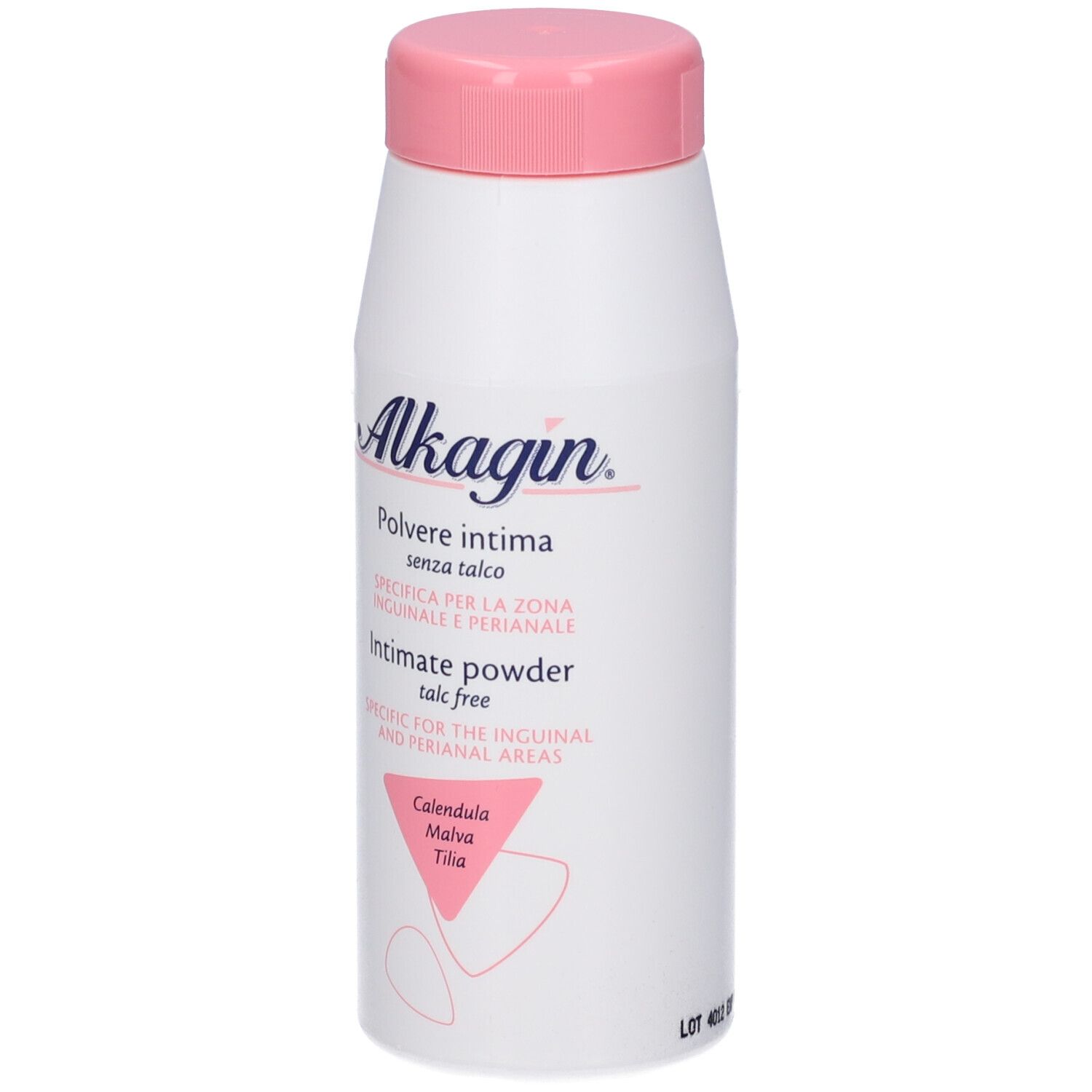 Flacon blanc avec bouchon rose. Inscription: Alkagin, Polvere intima, sans talc, Intimate powder. Triangle avec ingrédients.