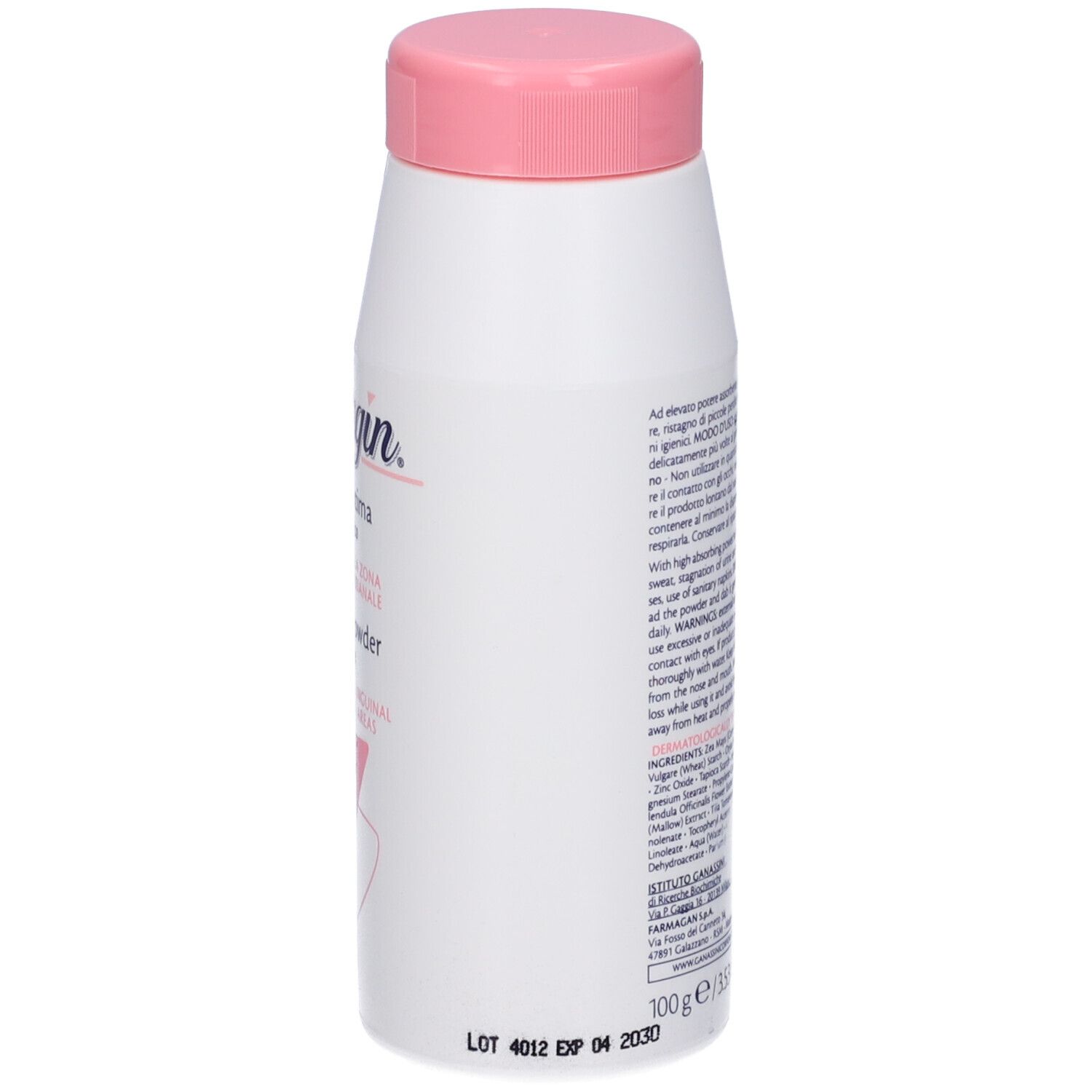 Flacon blanc avec bouchon rose. Texte, ingrédients et code-barres sur le côté. Nom du produit: Alkagin Polvere Intima.