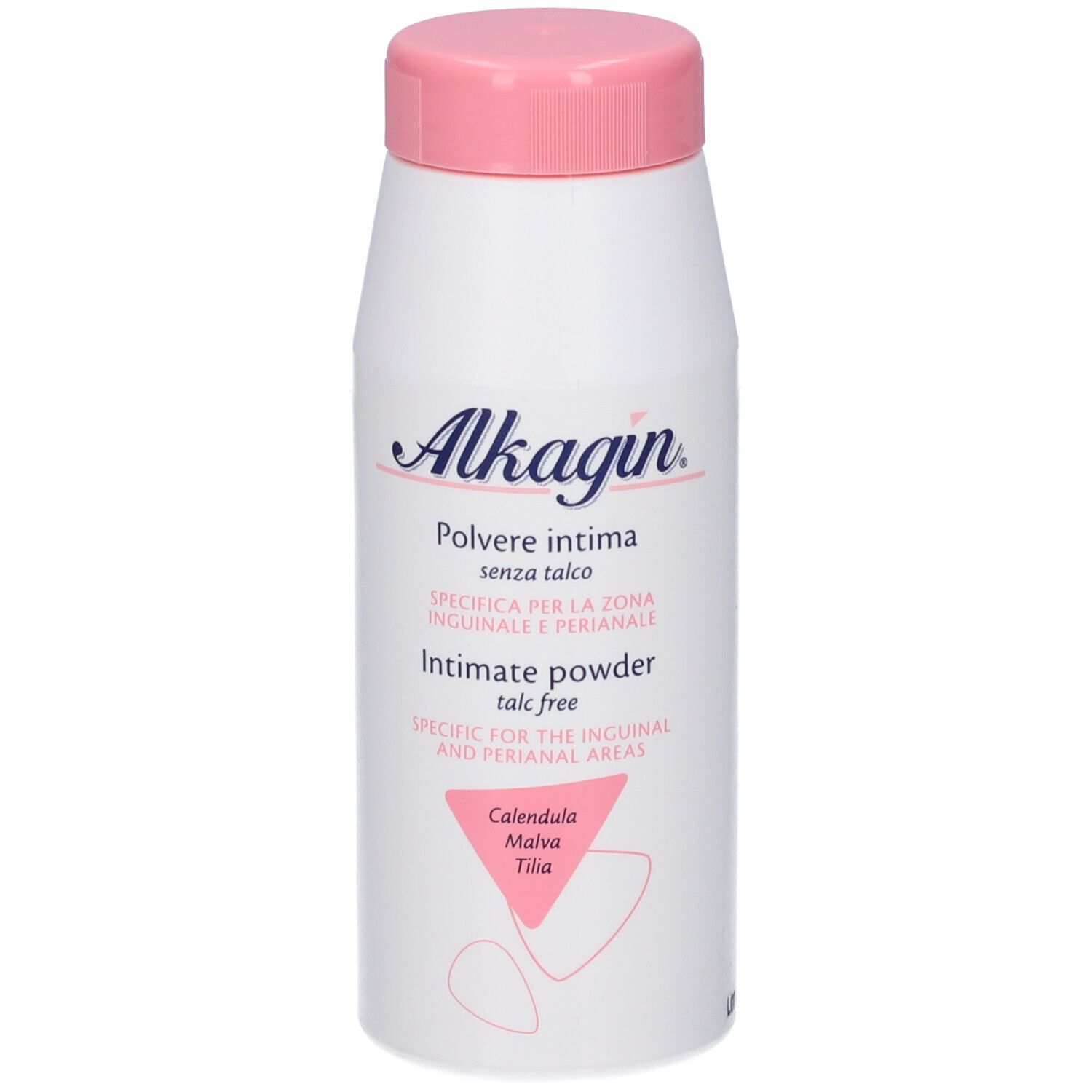 Flacon blanc avec bouchon rose. Inscription: Alkagin, Polvere intima, sans talc, Intimate powder. Triangle avec ingrédients.