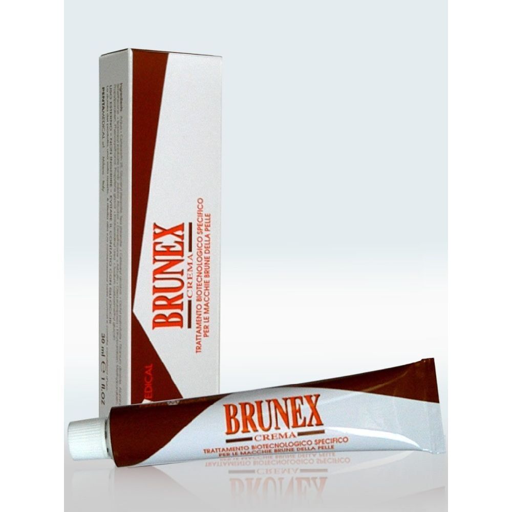 Tube et boîte de crème BRUNEX Crema. Tube blanc avec texte brun. Boîte brune avec texte blanc.