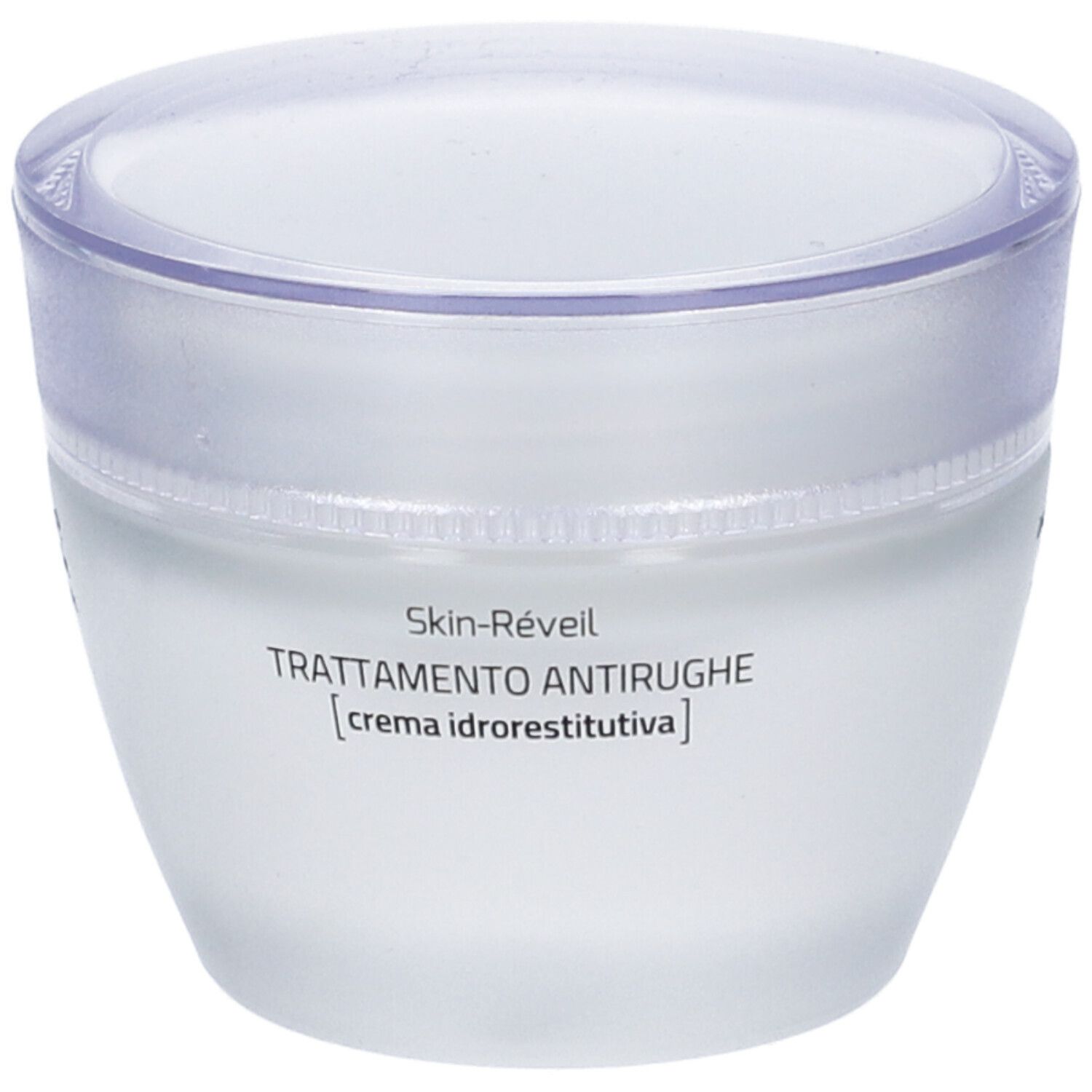 Pot blanc avec couvercle. Inscription Skin-Réveil, Trattamento Antirughe, crema idrorest.