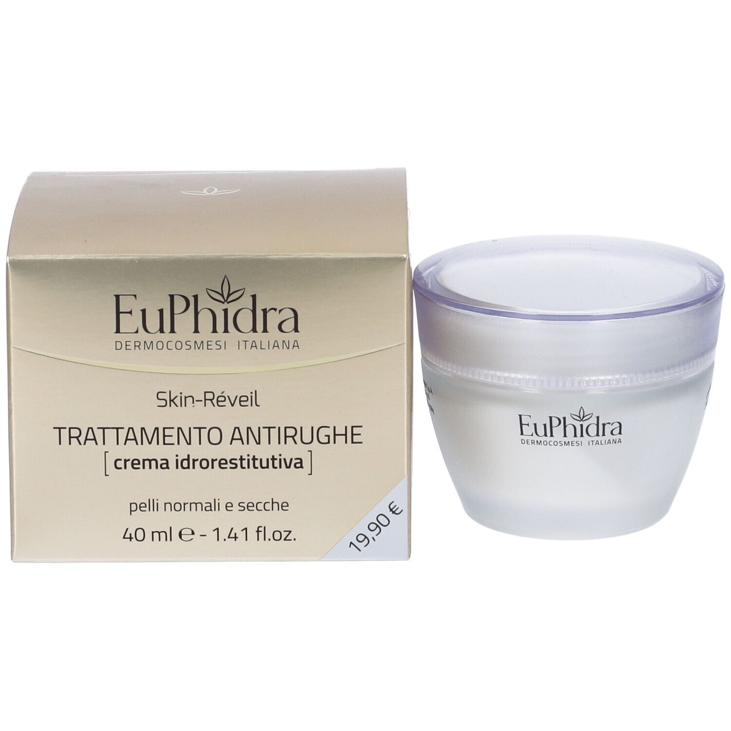 Produit et emballage. Pot et boîte. Inscription EuPhidra, Skin-Réveil, 40 ml, 19,90€.