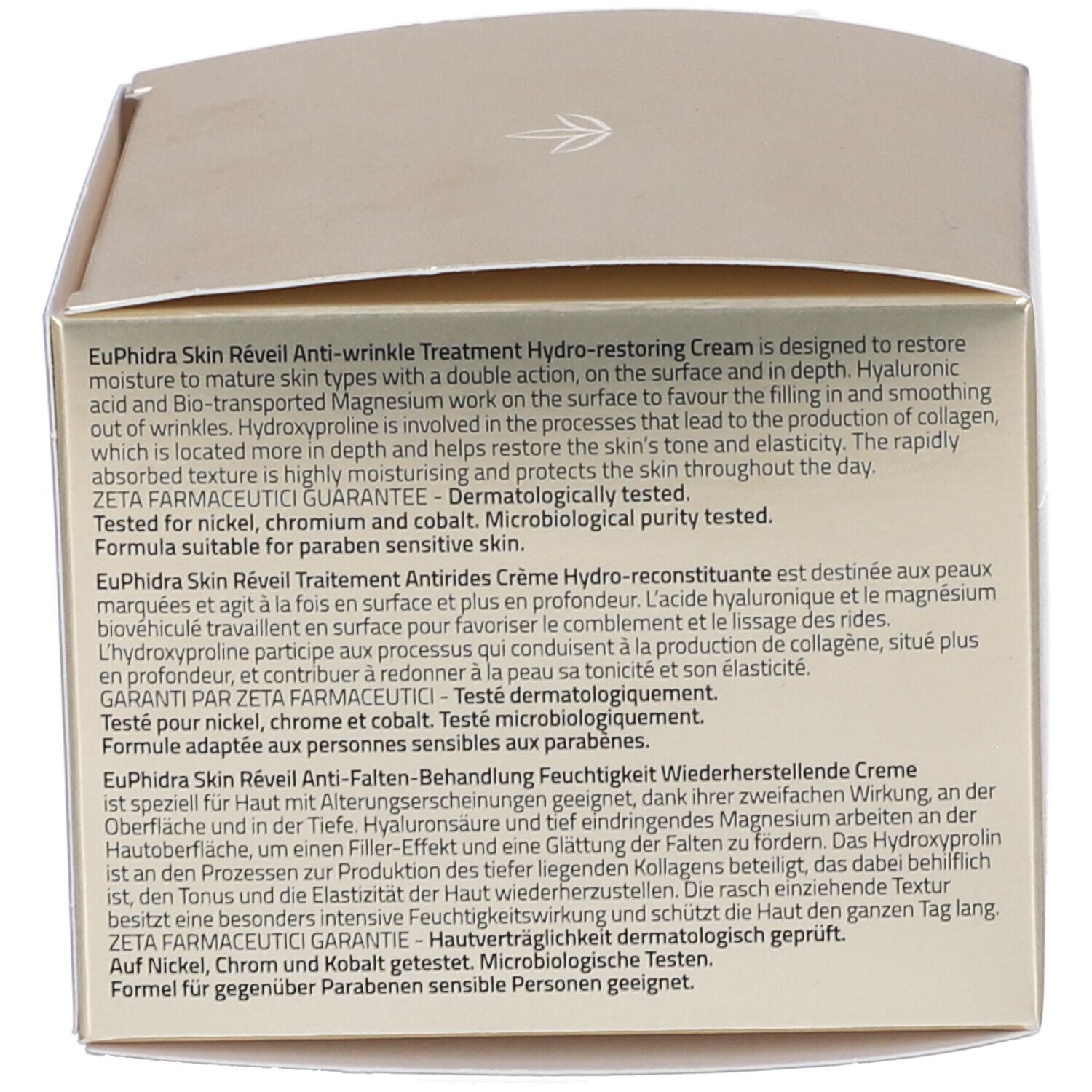 Dos de la boîte. Texte multilingue. ZETA FARMACEUTICI GARANTIE. Testé dermatologiquement.