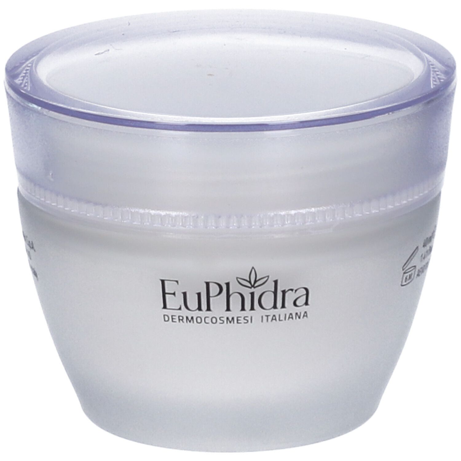 Pot EuPhidra avec couvercle transparent. Crème blanche emballée avec logo noir.