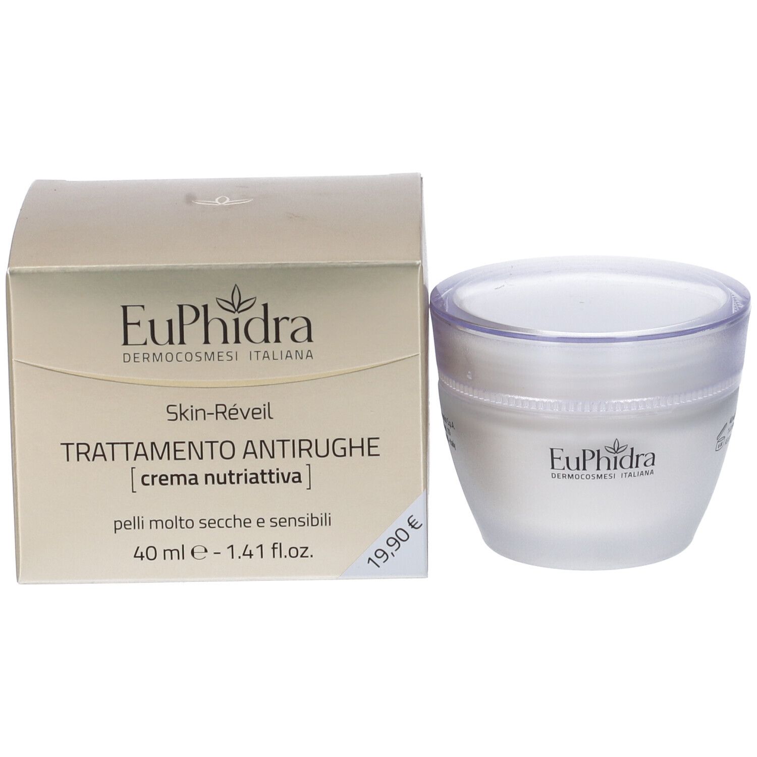 Crème anti-rides EuPhidra en pot à côté de la boîte ouverte.