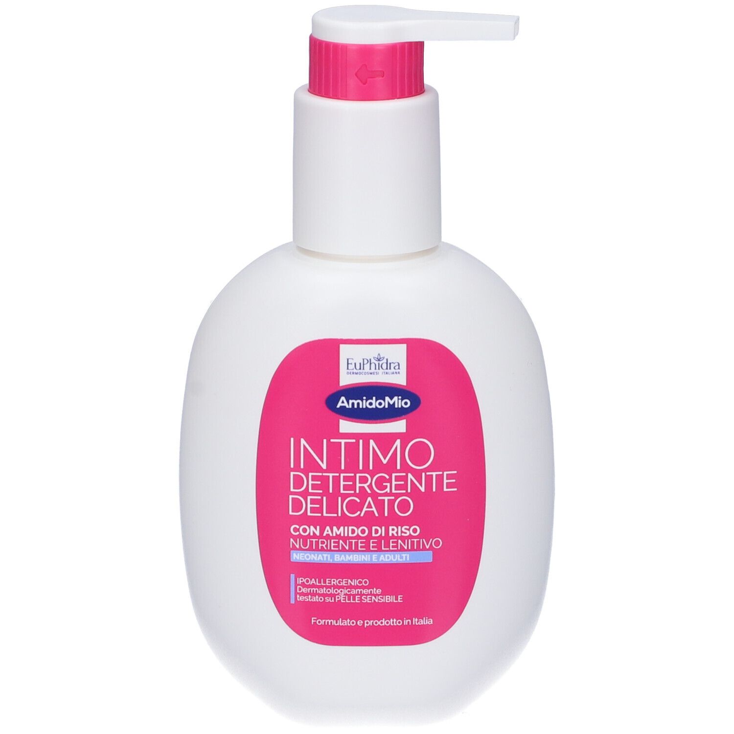Flacon pompe blanc avec étiquette rose pour nettoyant intime à l'amidon de riz, pour nourrissons et adultes.