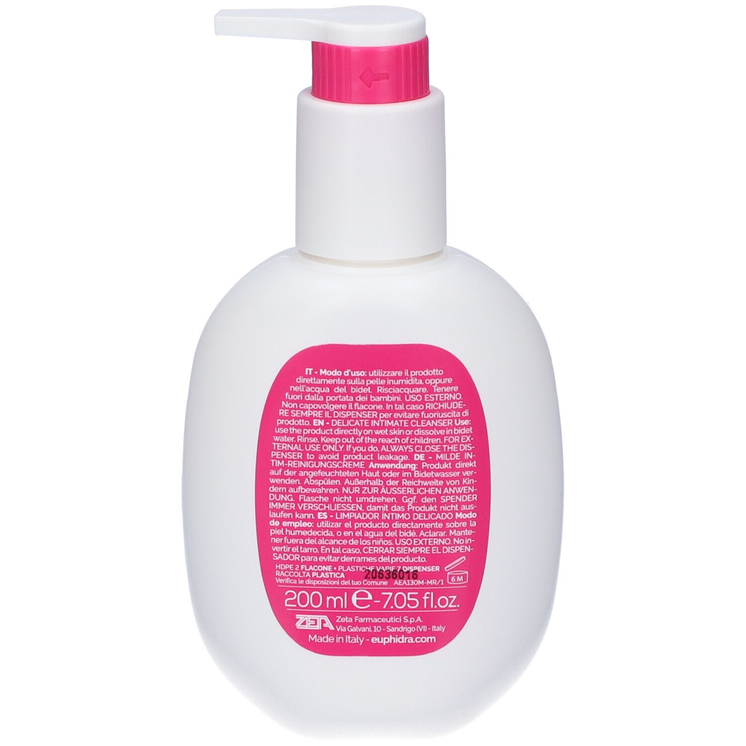 Flacon blanc avec pompe et étiquette roses, 200 ml.