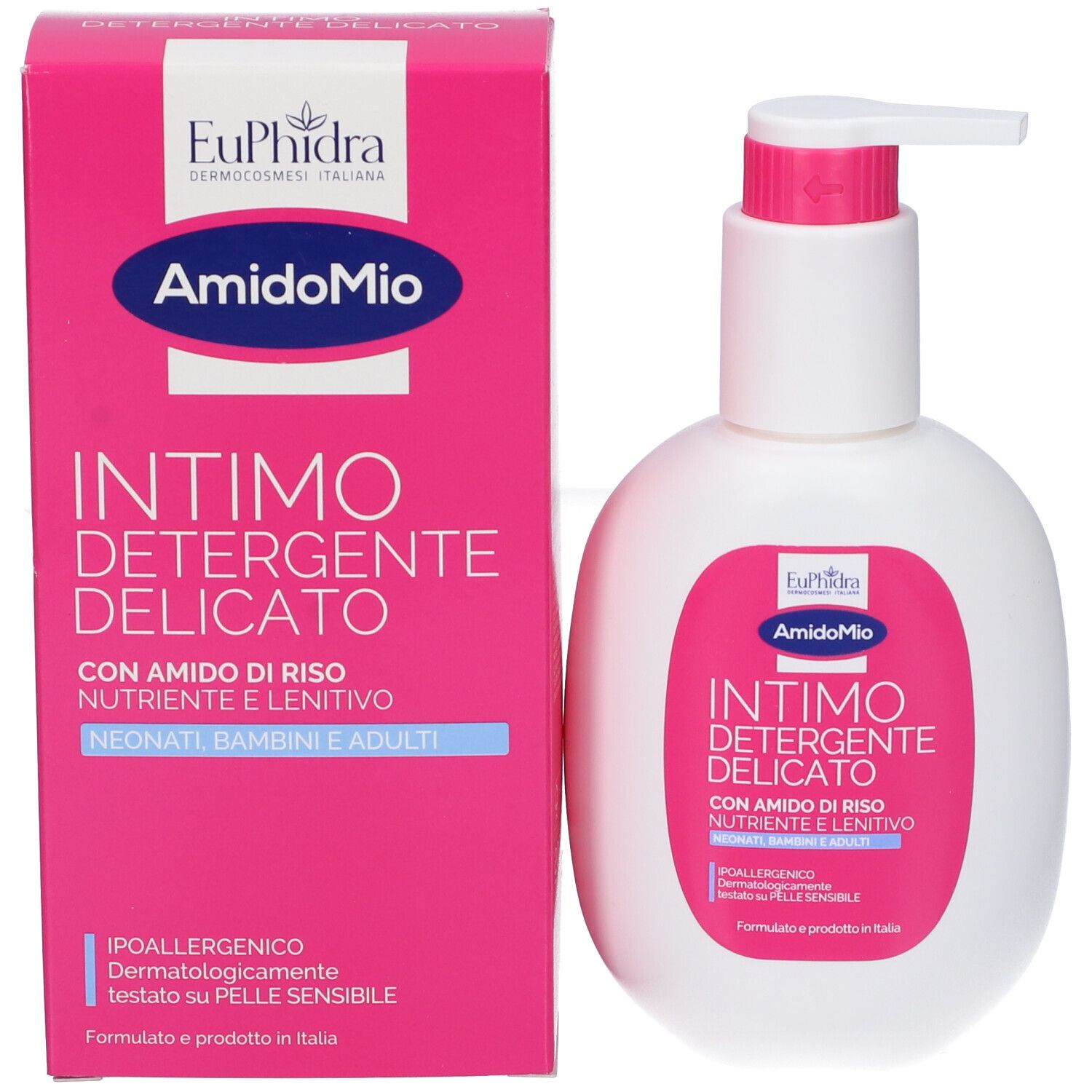 Flacon pompe blanc aux accents roses, à côté d'un emballage rose. Les deux indiquent la marque Amidomio et la mention 'Intimo Detergente Delicato'.