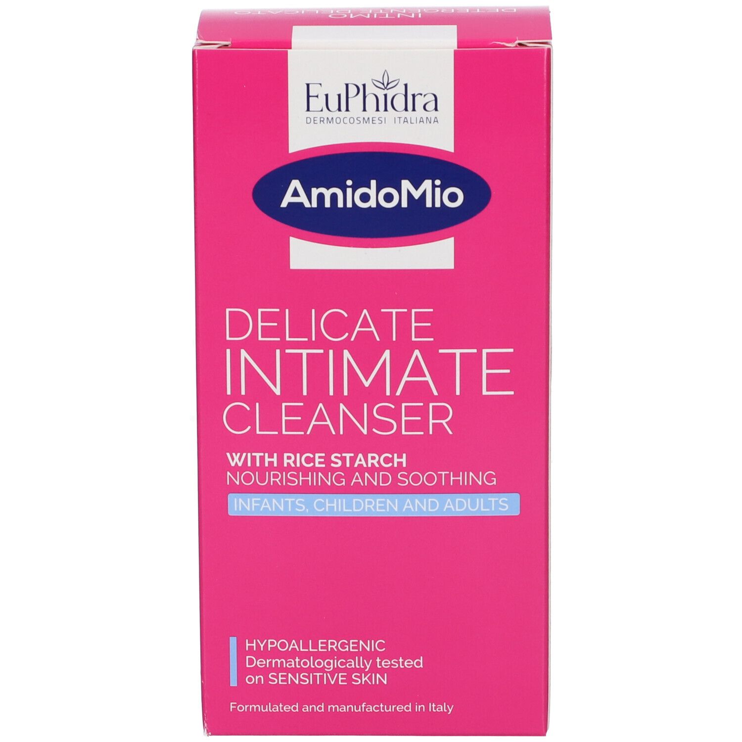 Boîte AmidoMio Delicate Intimate Cleanser avec amidon de riz, hypoallergénique, testé dermatologiquement.