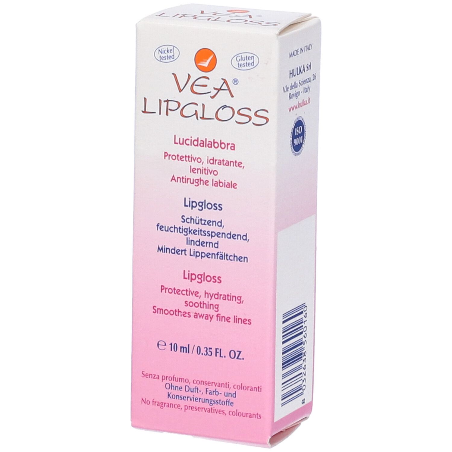 Emballage blanc avec VEA Lipgloss. Texte en allemand, italien et anglais. Contient 10 ml. Testé sans gluten et nickel.