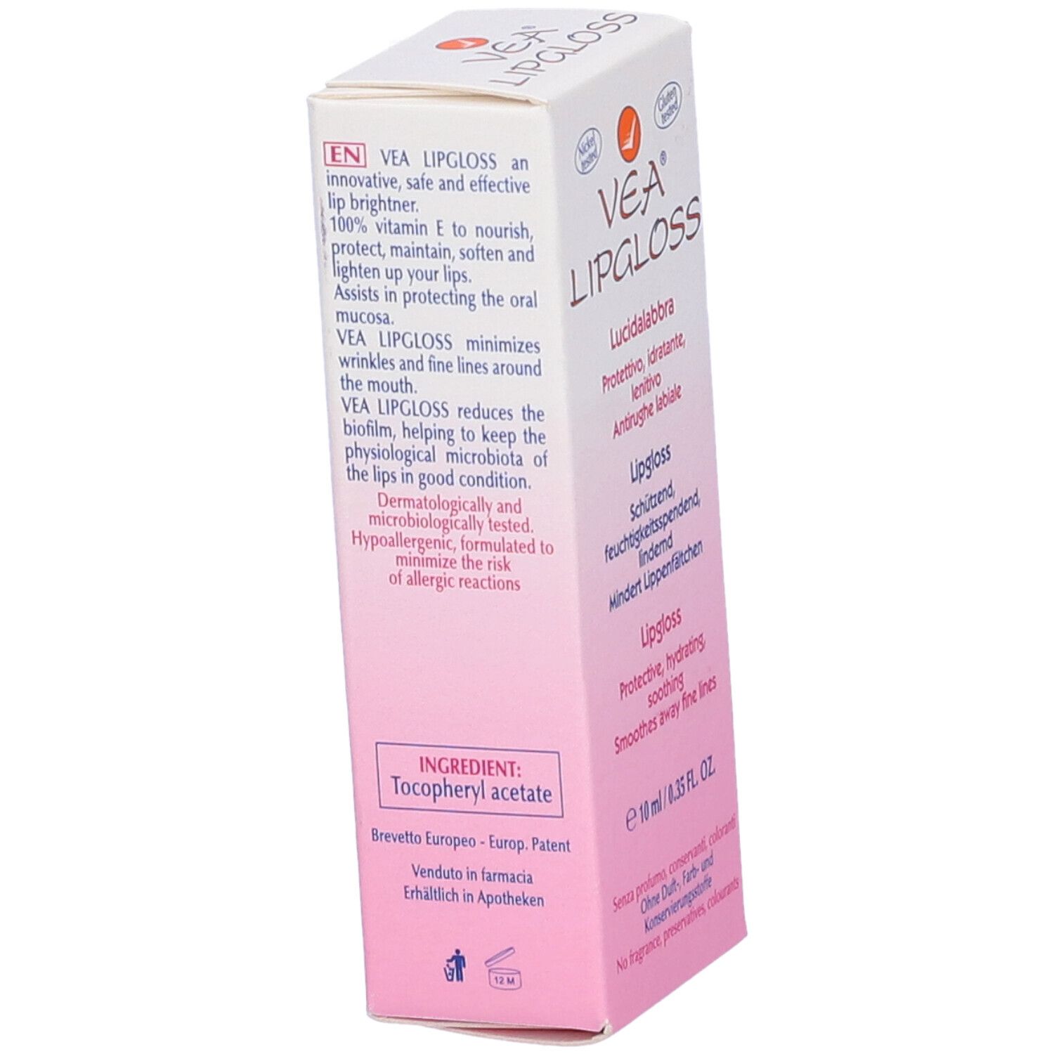 Emballage de VEA Lipgloss. Texte en anglais et italien. Contient des ingrédients et des informations.