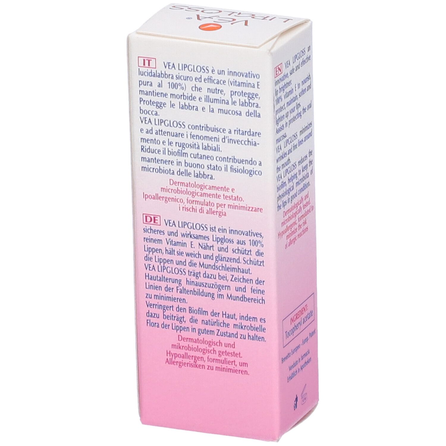 Emballage de VEA Lipgloss. Texte en allemand et italien. Contient des informations sur le produit.