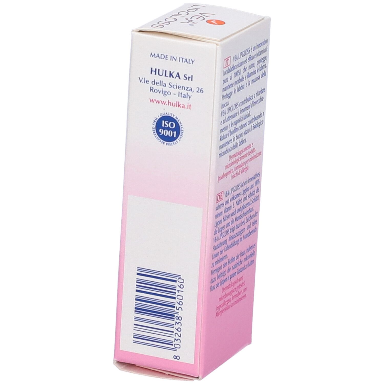 Emballage de VEA Lipgloss. Avec certification ISO 9001. Fabriqué en Italie. Coordonnées.