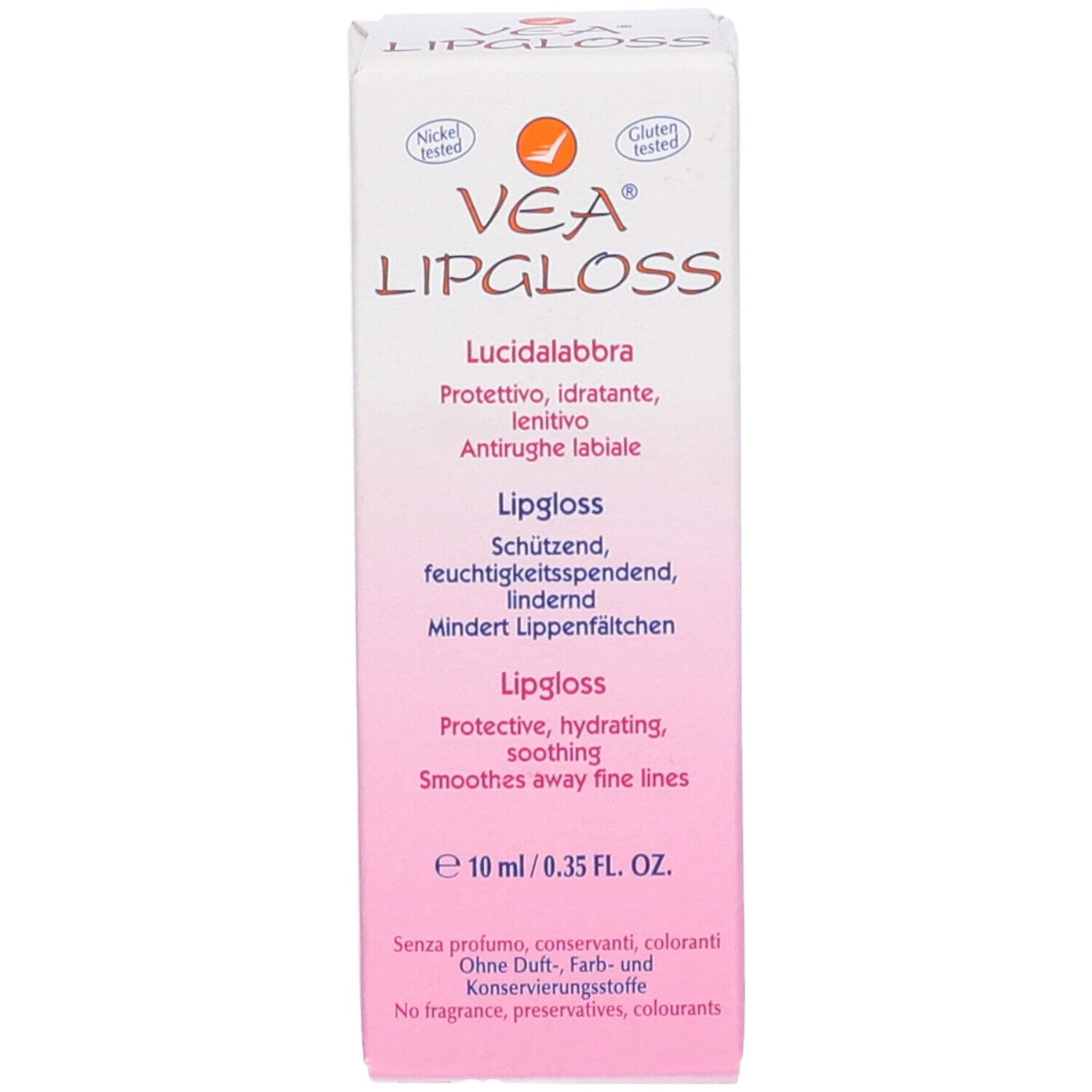 Emballage blanc avec VEA Lipgloss. Texte en allemand, italien et anglais. Contient 10 ml. Testé sans gluten et nickel.