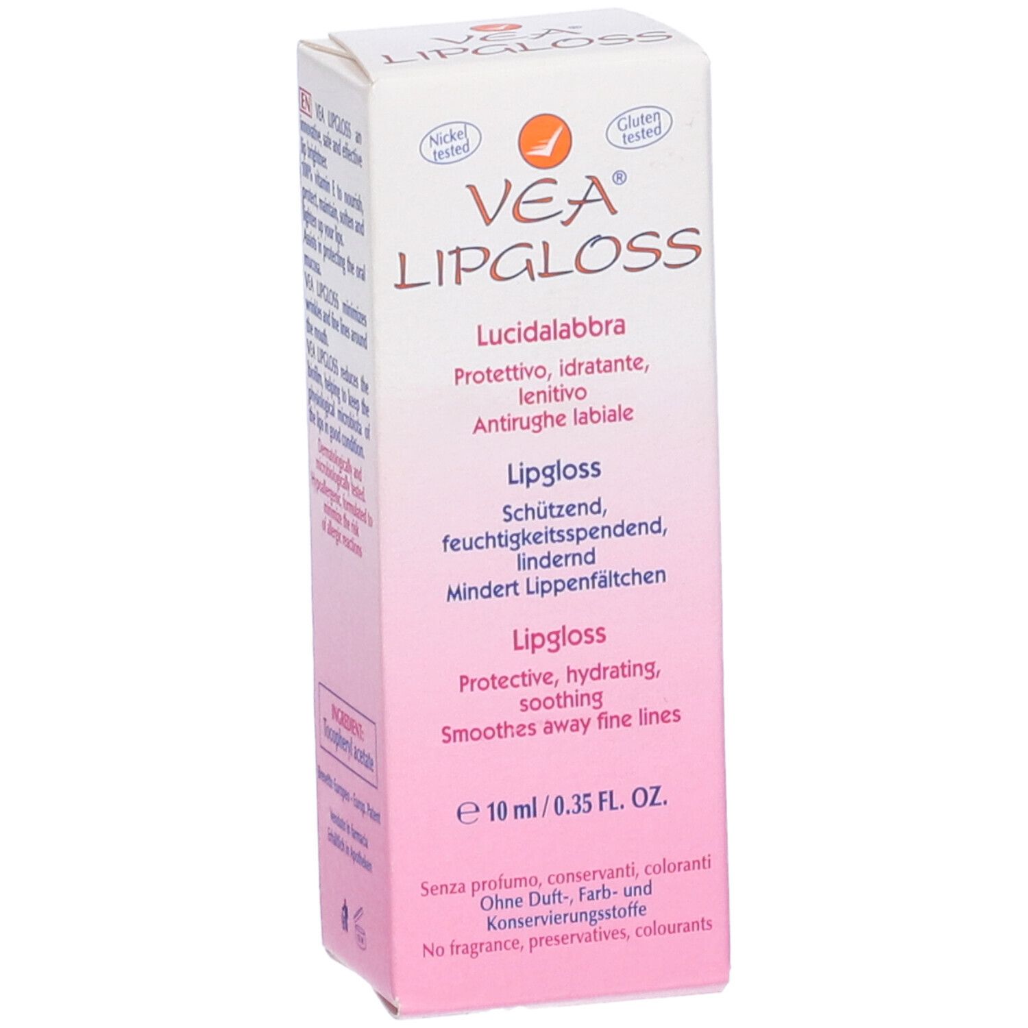 Emballage blanc avec VEA Lipgloss. Texte en allemand, italien et anglais. Contient 10 ml. Testé sans gluten et nickel.