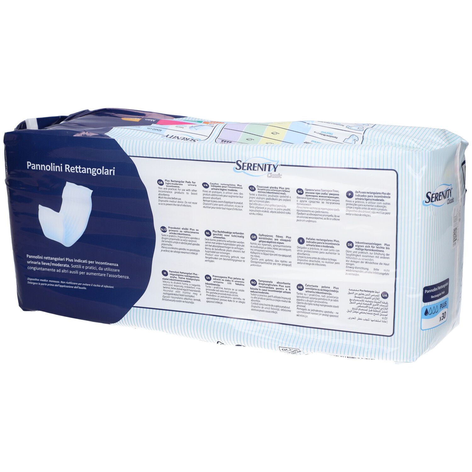 Emballage de Serenity Classic Rectangular Pads Plus. Arrière avec informations sur le produit et texte. Contient 30 pièces.