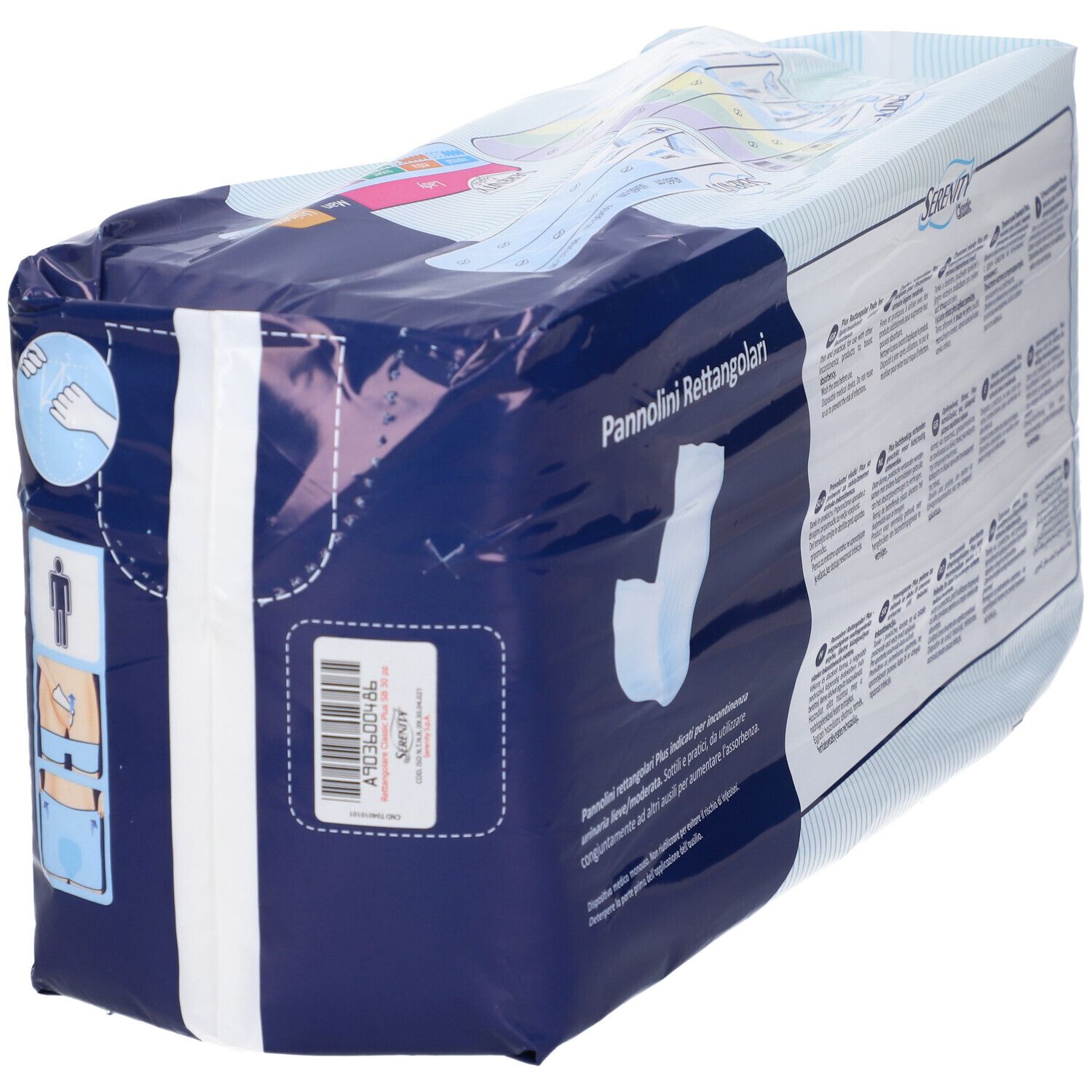 Emballage de Serenity Classic Rectangular Pads Plus. Vue latérale avec informations sur le produit et pictogrammes. Contient 30 pièces.