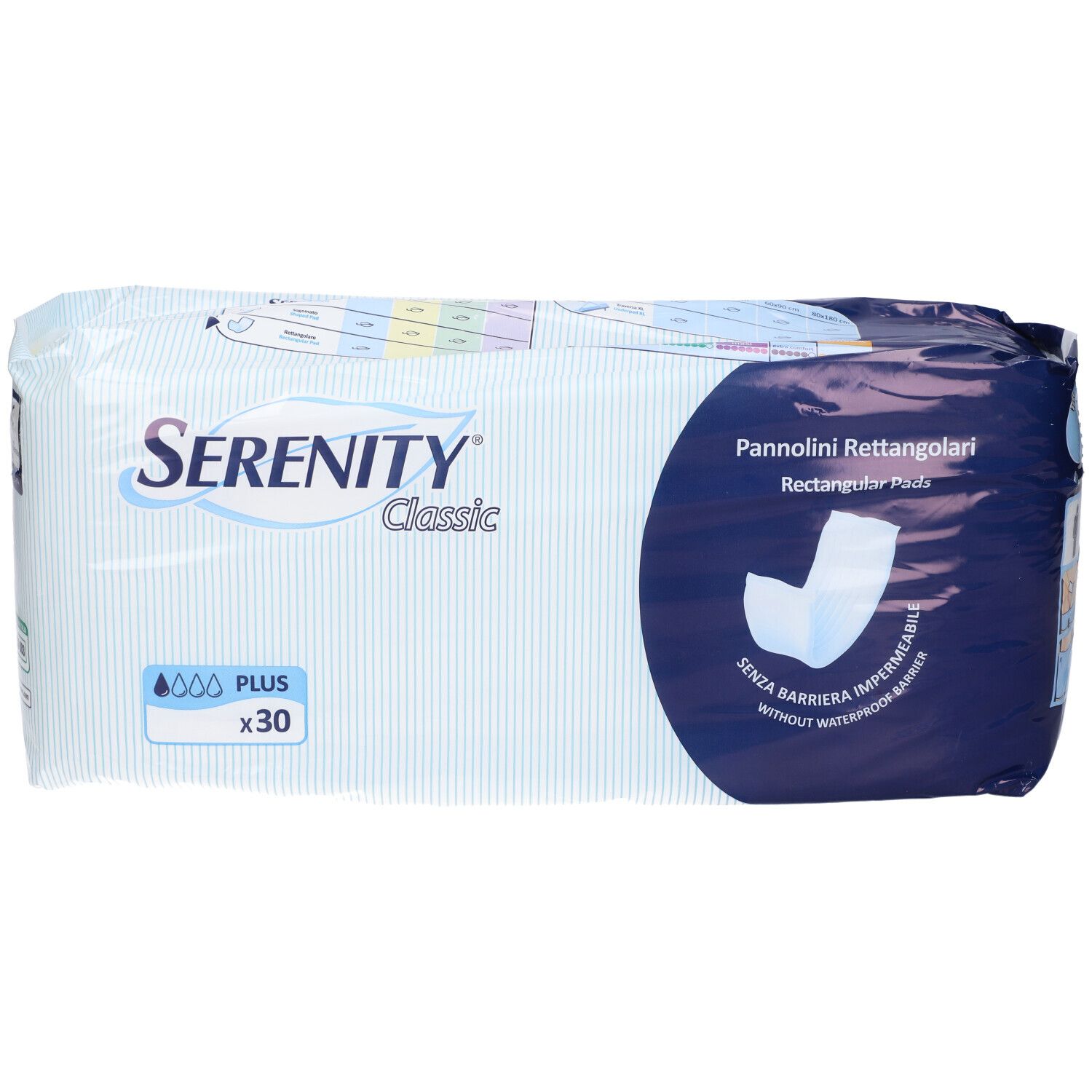 Emballage de Serenity Classic Rectangular Pads Plus. Emballage bleu et blanc avec nom et logo du produit. Contient 30 pièces.