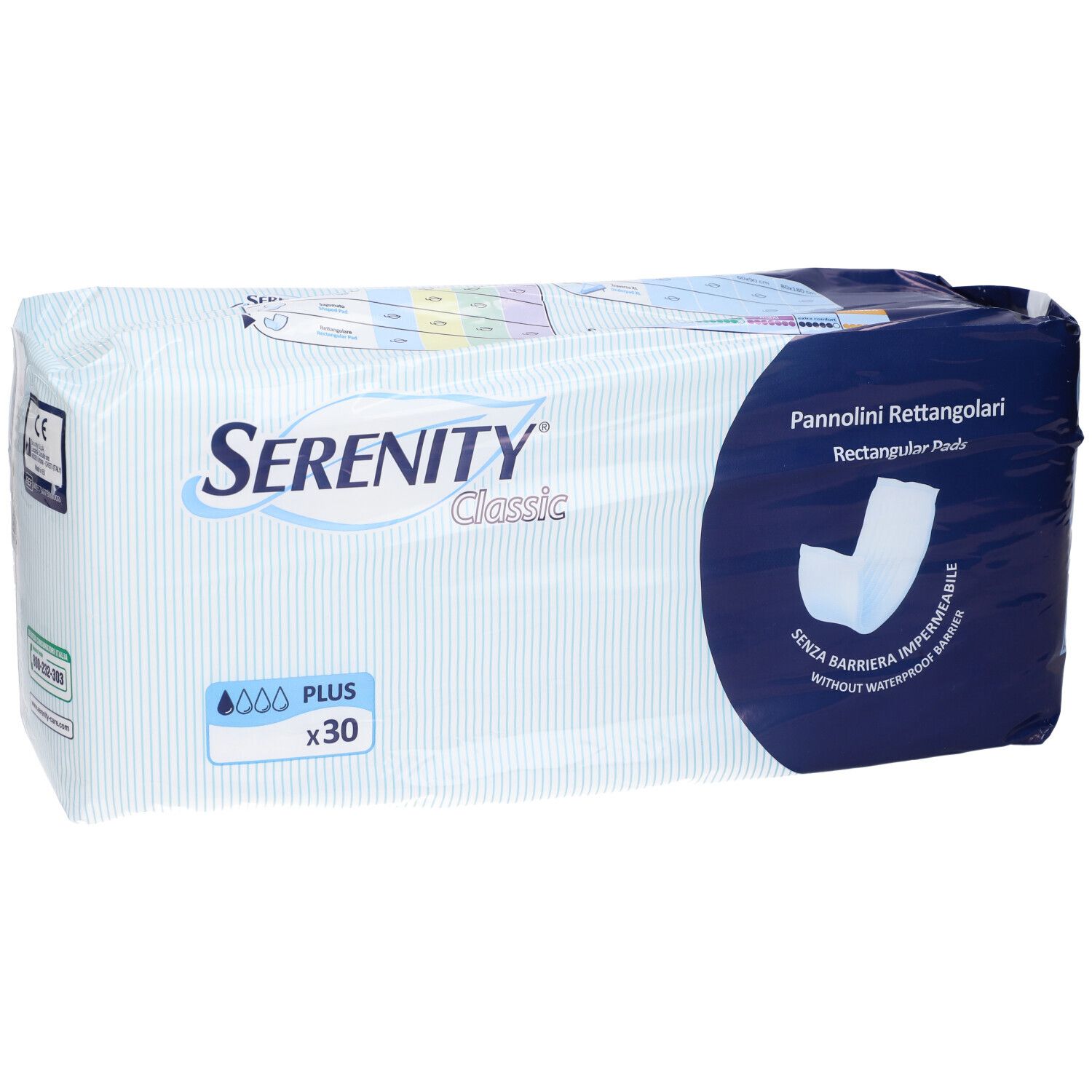 Emballage de Serenity Classic Rectangular Pads Plus. Emballage bleu et blanc avec nom et logo du produit. Contient 30 pièces.