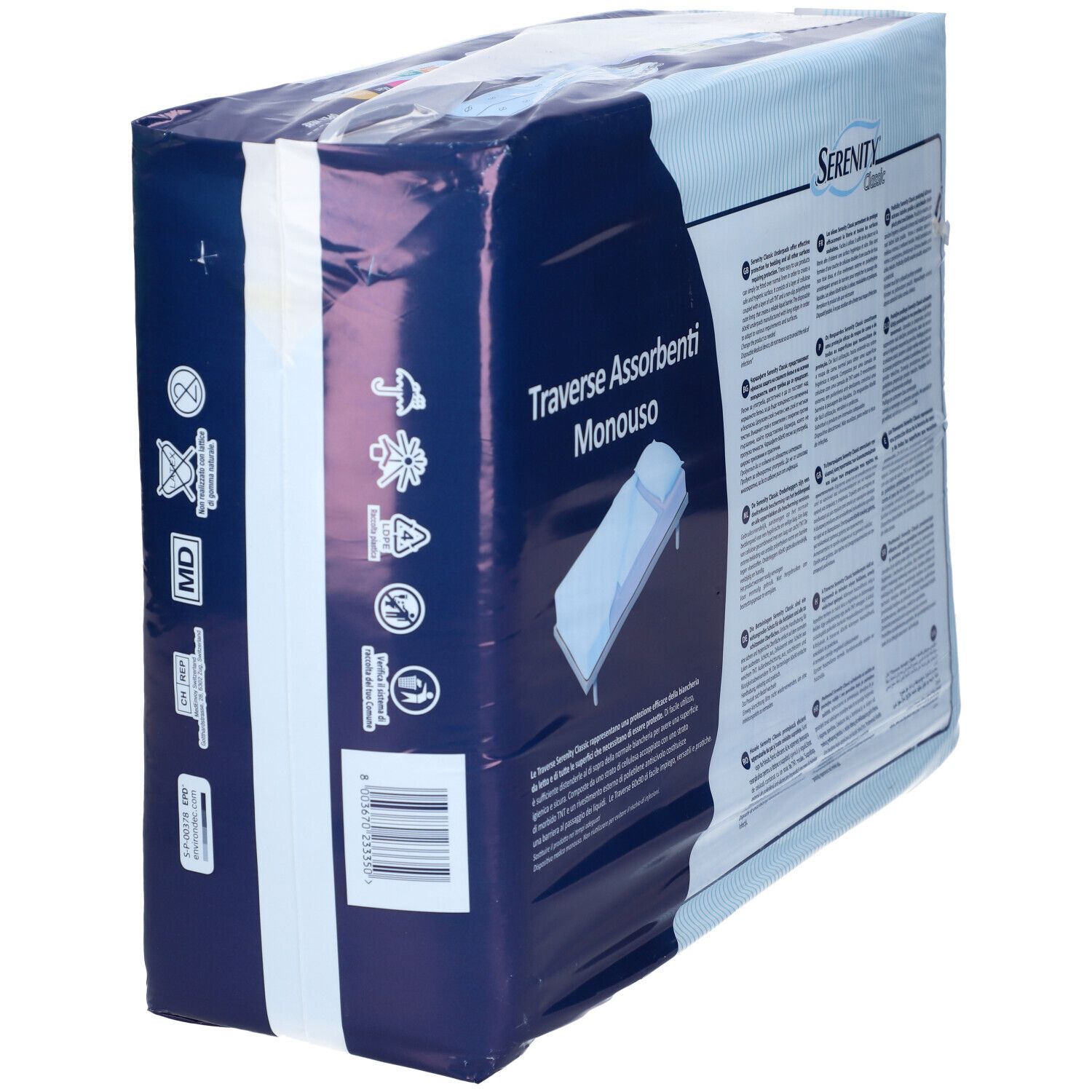 Côté de l'emballage Serenity Classic alèses jetables avec symboles pour la manipulation et le stockage.