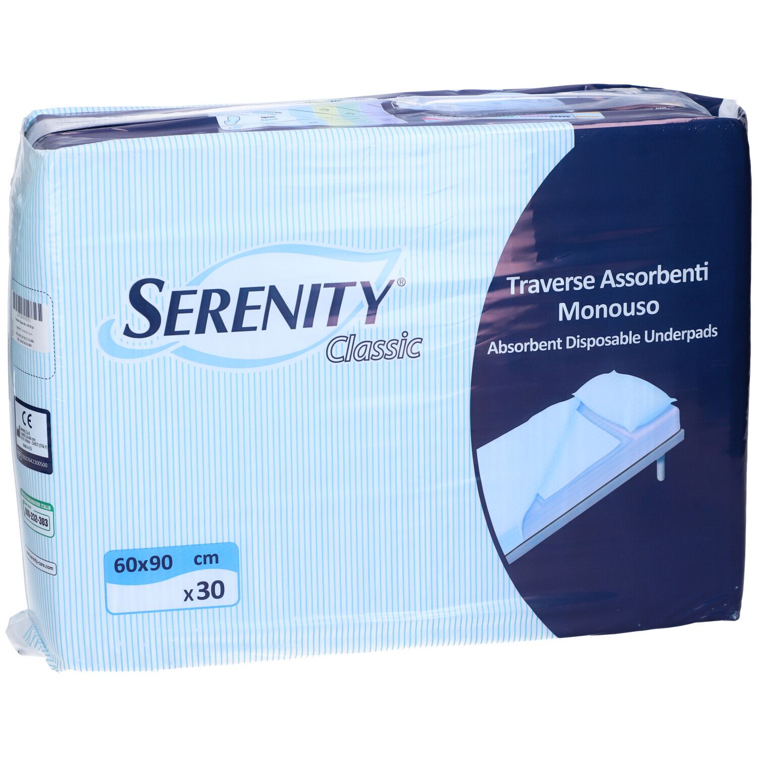 Emballage Serenity Classic alèses jetables avec marquage CE et informations produit.