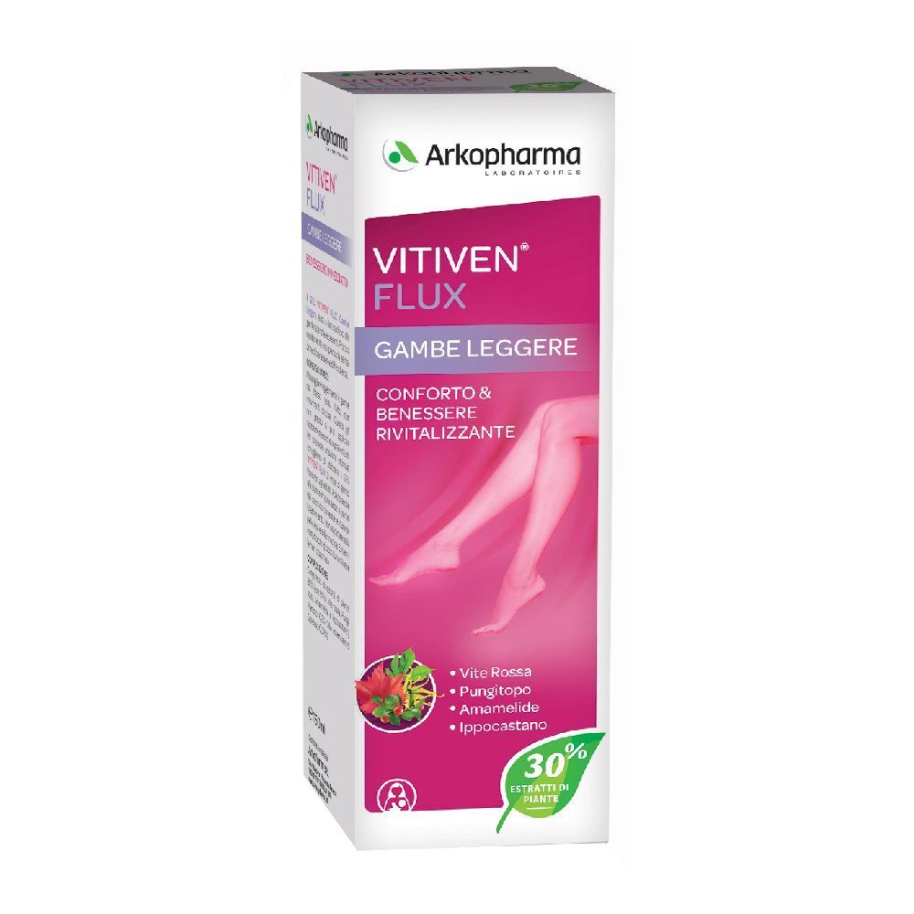 Boîte de VITIVEN® Flux Light Bein-Gel. Emballage rose et blanc avec nom du produit et illustration de jambes.