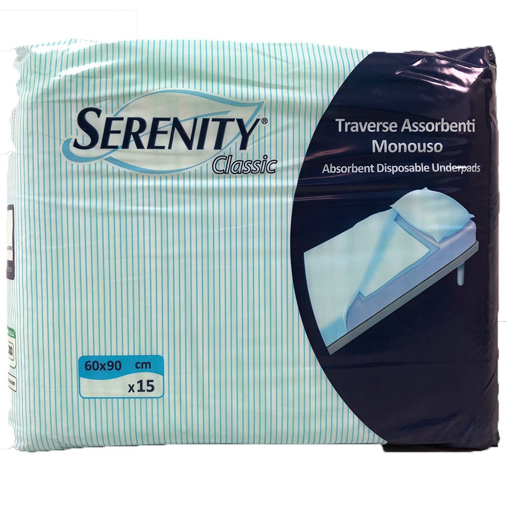 Emballage de traversins absorbants Serenity Classic. Dimensions : 60x90 cm, x15. Design rayé turquoise et blanc. Nom et logo du produit visibles.