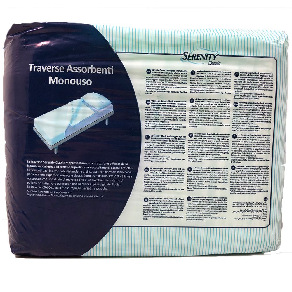 Emballage de traversins absorbants Serenity Classic. Dos avec informations produit. Design rayé turquoise et blanc. Nom et logo du produit visibles.