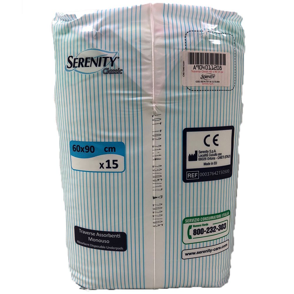 Emballage de traversins absorbants Serenity Classic. Dimensions : 60x90 cm, x15. Design rayé turquoise et blanc. Marquage CE. Nom et logo visibles.