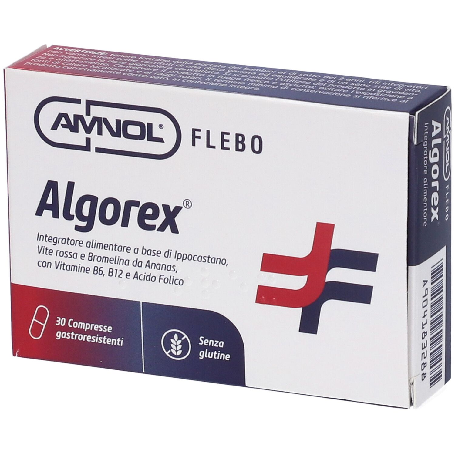Boîte de comprimés Algorex. Inscription : 30 gastroresistenti, senza glutine. Logo et nom.