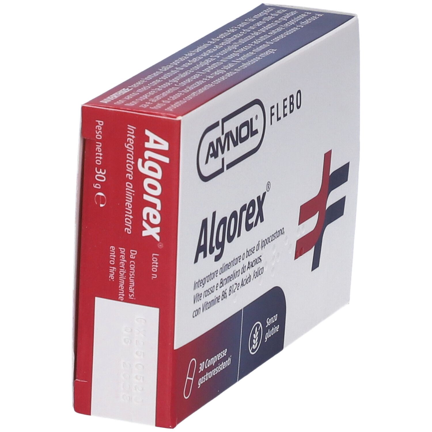 Boîte de comprimés Algorex. Vue latérale. Inscription : 30 g. Logo et nom du produit.