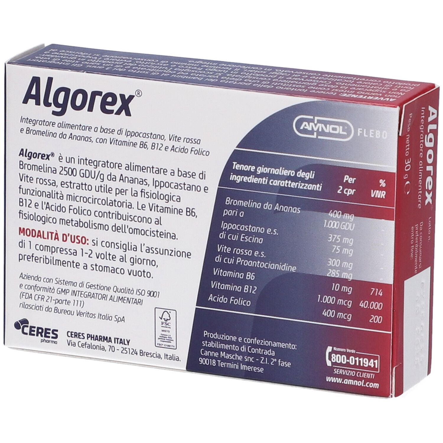 Dos de la boîte de comprimés Algorex. Informations et ingrédients. Logo et nom.
