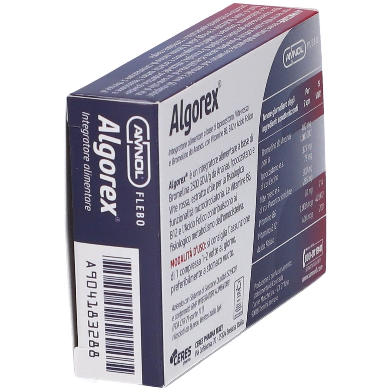 Boîte de comprimés Algorex. Vue arrière. Informations et ingrédients. Logo et nom.