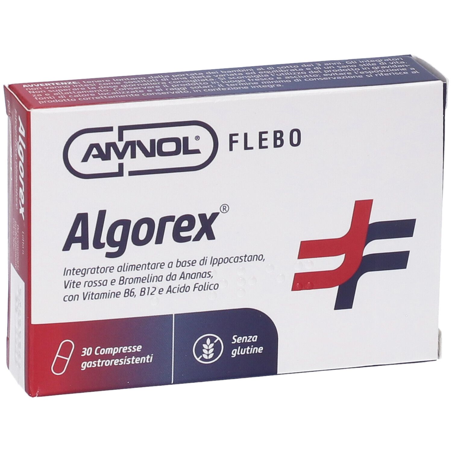 Boîte de comprimés Algorex. Inscription : 30 gastroresistenti, senza glutine. Logo et nom.