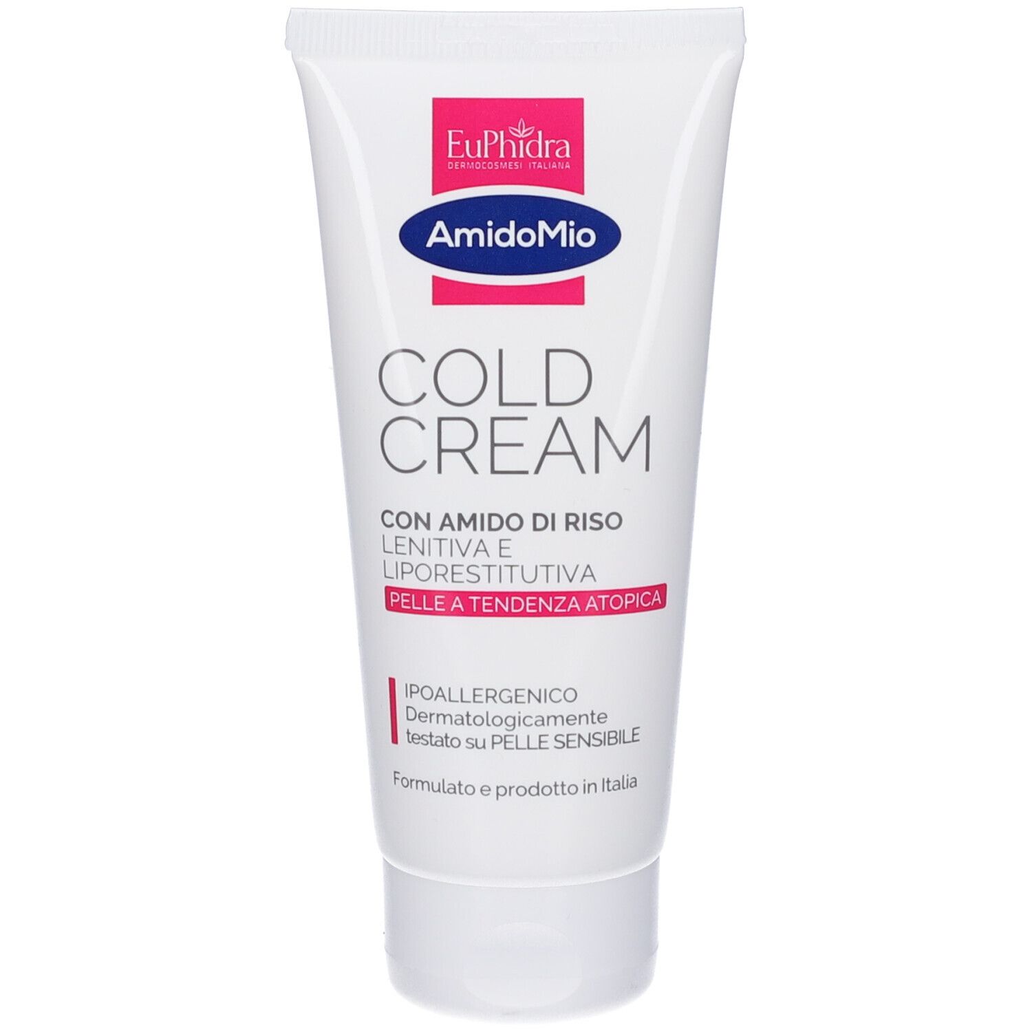 Tube blanc avec logos roses et bleus. Inscription : Cold Cream, à l'amidon de riz, apaisant et réparateur lipidique. Pour peau atopique.