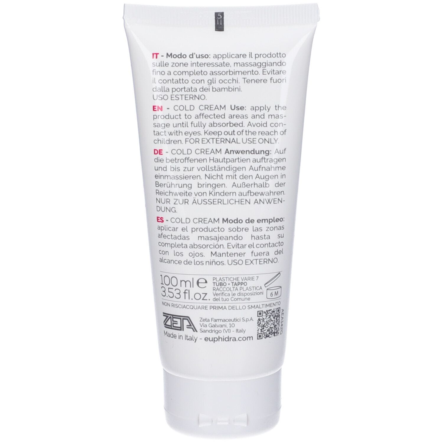 Dos du tube blanc. Instructions d'utilisation multilingues. Contient des informations sur les ingrédients et le fabricant.