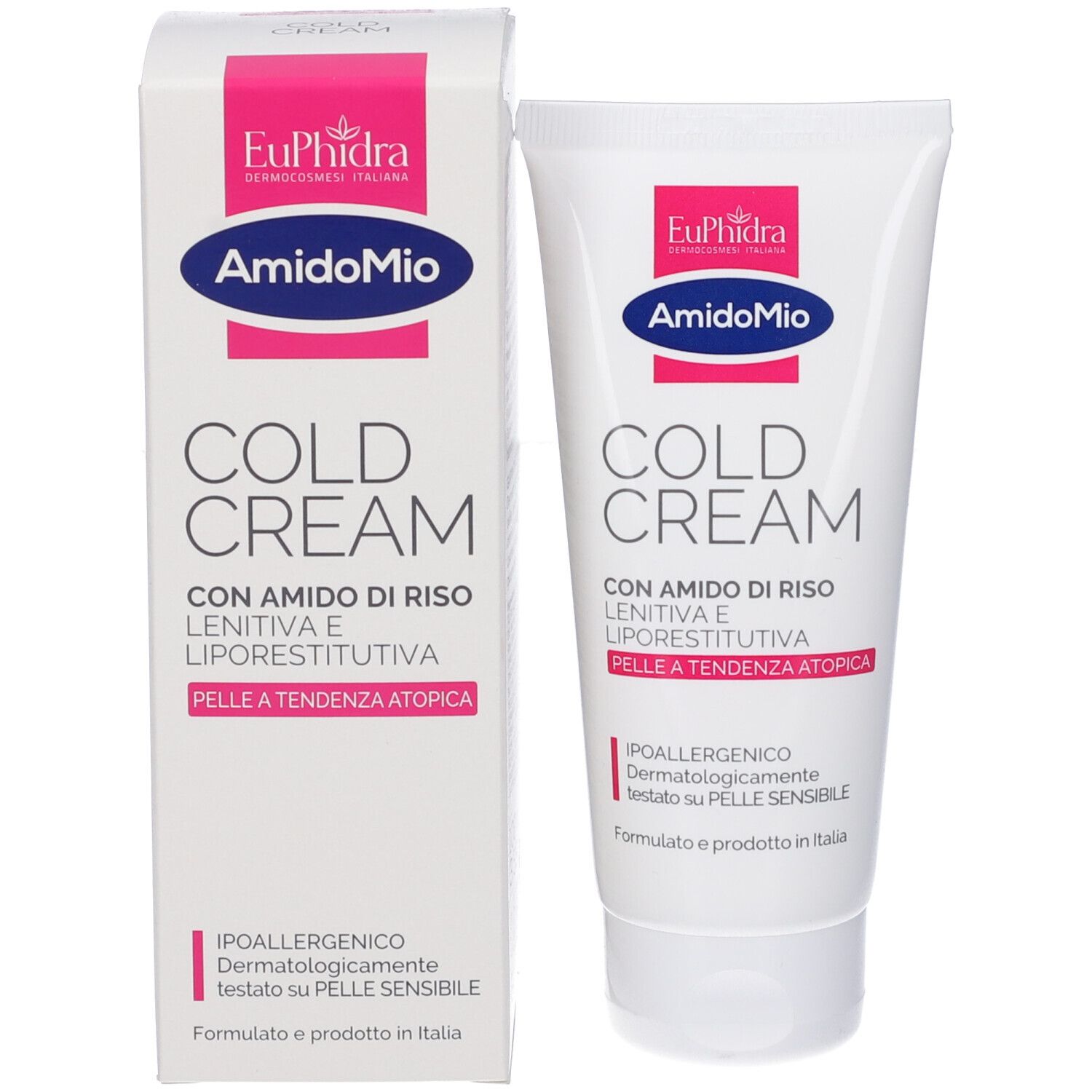 Emballage du produit avec tube et boîte. Tube : Cold Cream. Boîte : Cold Cream, à l'amidon de riz, apaisant et réparateur lipidique.