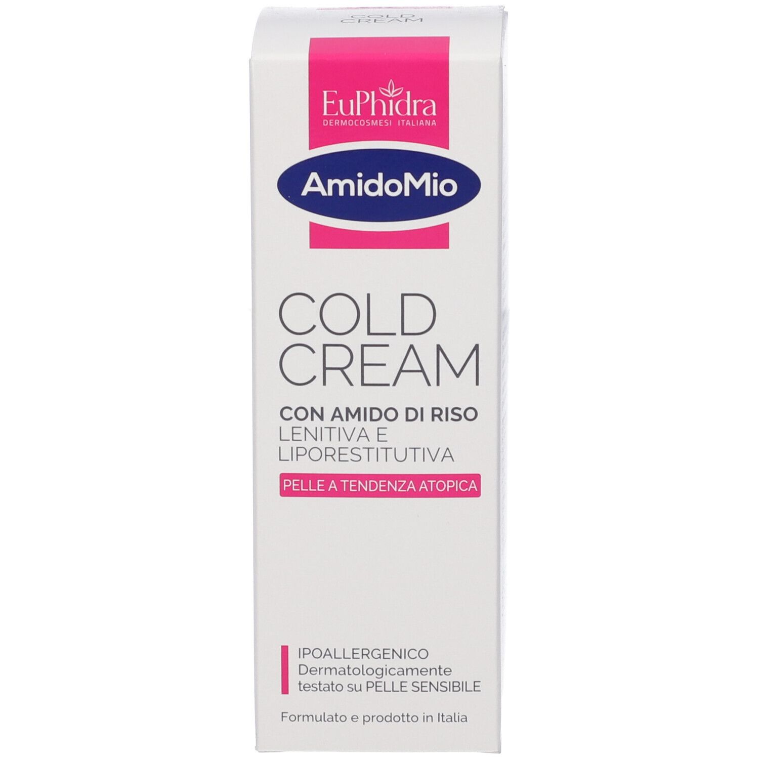 Emballage en carton avec logos roses et bleus. Inscription : Cold Cream, à l'amidon de riz, apaisant et réparateur lipidique. Pour peau atopique.