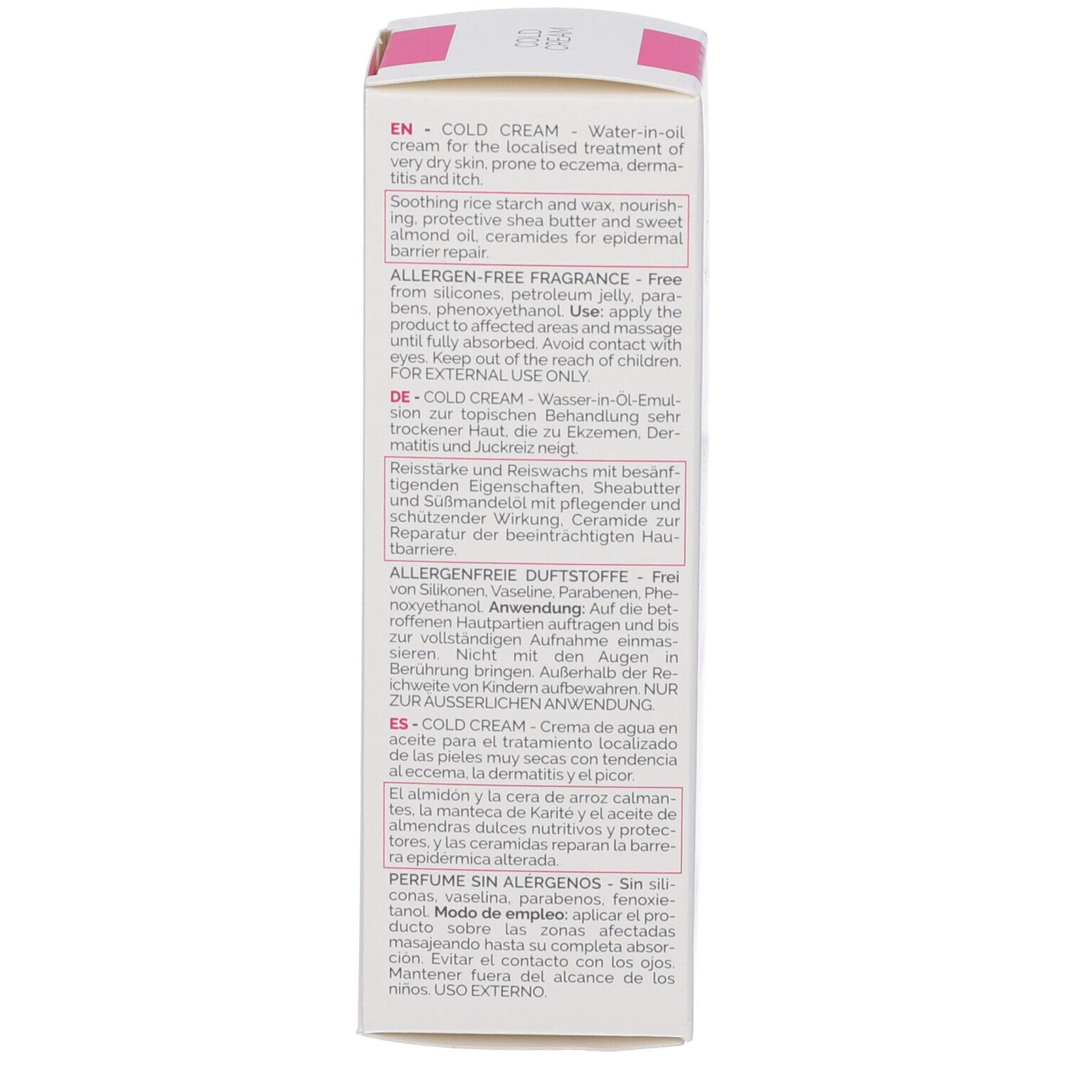 Dos de l'emballage en carton. Informations multilingues sur l'utilisation et les ingrédients. Sans allergènes.