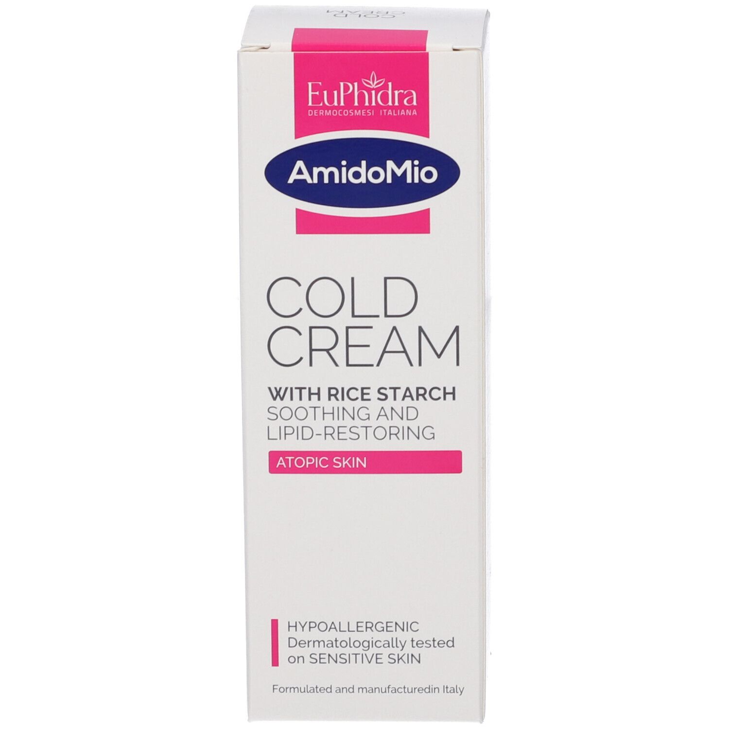 Emballage en carton. Inscription : Cold Cream, à l'amidon de riz, apaisant et réparateur lipidique. Pour peau atopique. Hypoallergénique.