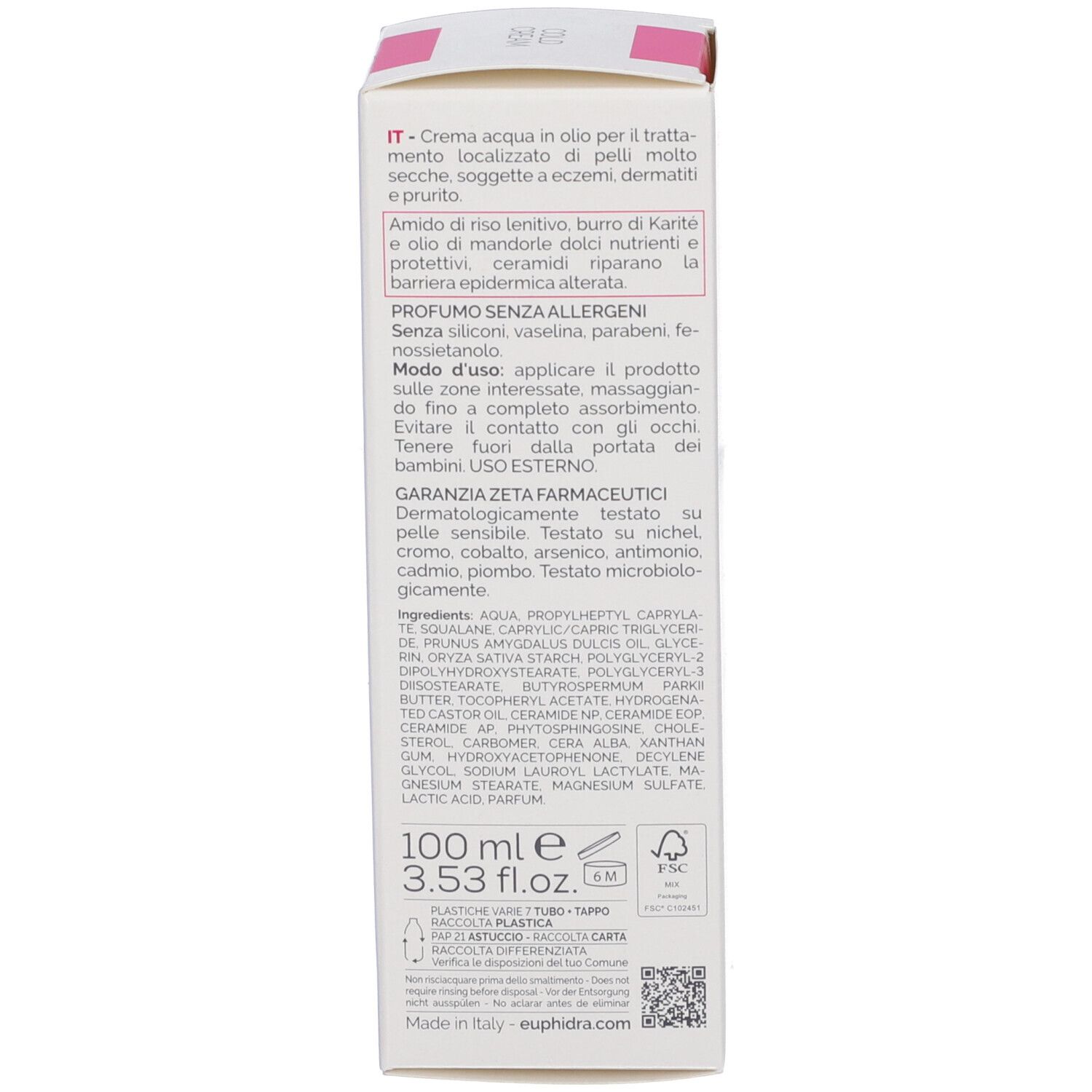 Dos de l'emballage en carton. Informations multilingues sur les ingrédients, l'utilisation et le fabricant. 100 ml.