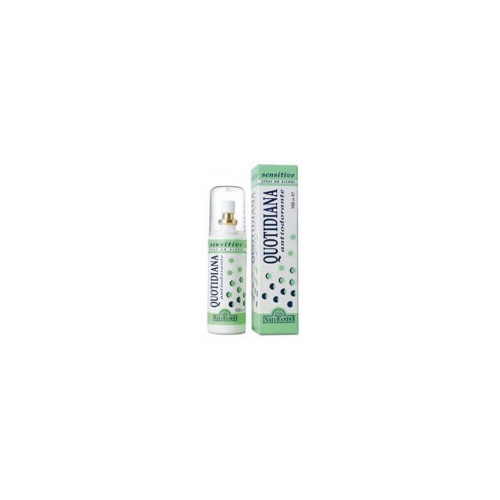 Quotidiana Antiodorante Spray Sensitive. Bouteille et emballage. Design vert et blanc. Nom du produit et logo visibles.