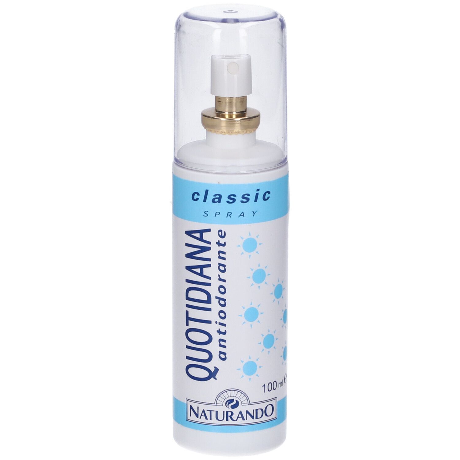 Flacon spray blanc avec étiquette bleue et capuchon transparent. Affiche 'QUOTIDIANA antiodorante' et 'classic SPRAY'.