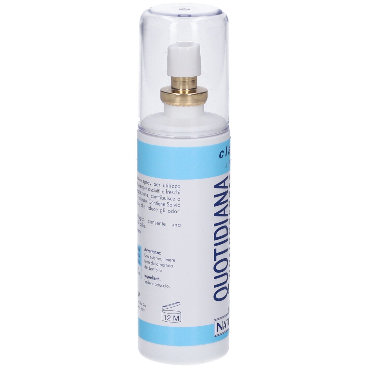 Arrière d'un flacon spray blanc avec étiquette bleue. Contient des informations sur le produit et les ingrédients.