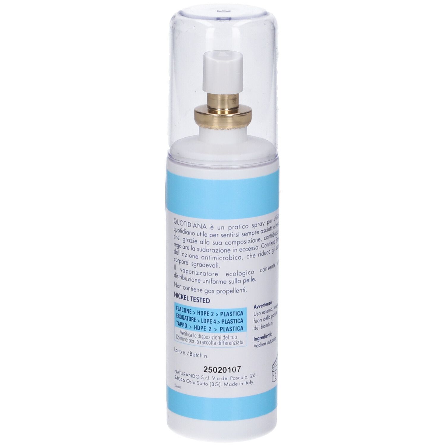 Vue latérale d'un flacon spray blanc avec étiquette bleue. Contient des informations sur le produit et des symboles de recyclage.