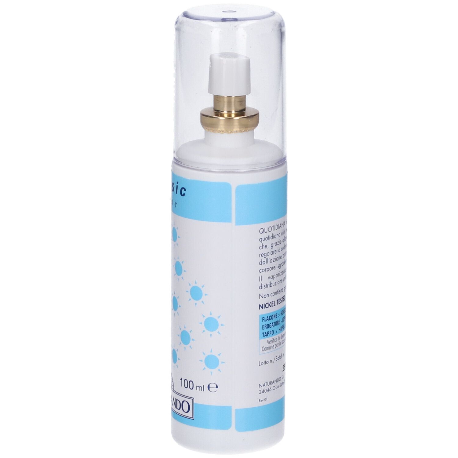 Avant d'un flacon spray blanc avec étiquette bleue. Affiche 'QUOTIDIANA antiodorante', 'classic SPRAY' et '100ml'.